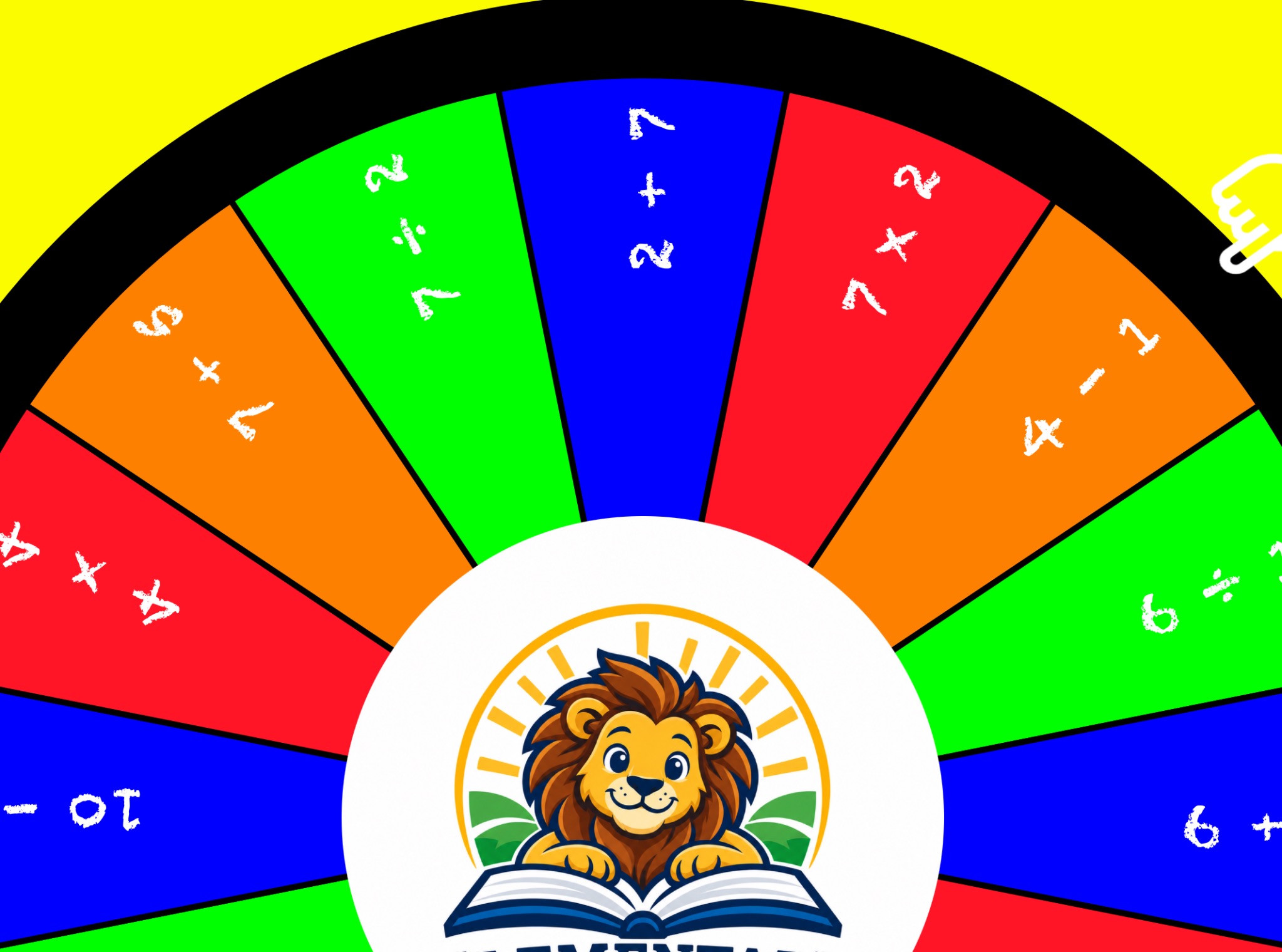 Close-up of the elementary math wheel showing colorful arithmetic panels and a lion school logo.