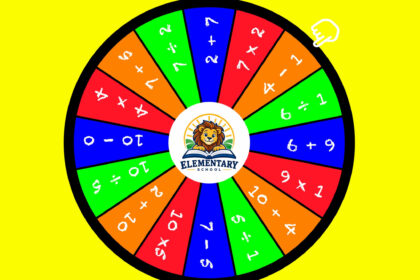 Full elementary math wheel with 16 colorful arithmetic panels, a lion school logo and a pointing-hand arrow.