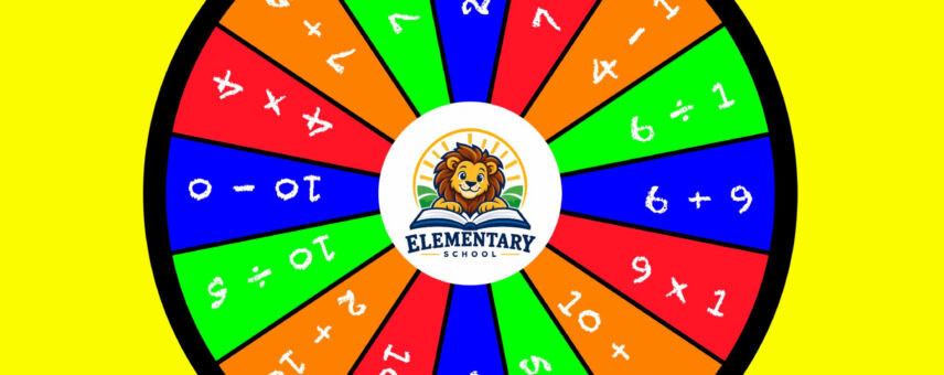 Full elementary math wheel with 16 colorful arithmetic panels, a lion school logo and a pointing-hand arrow.