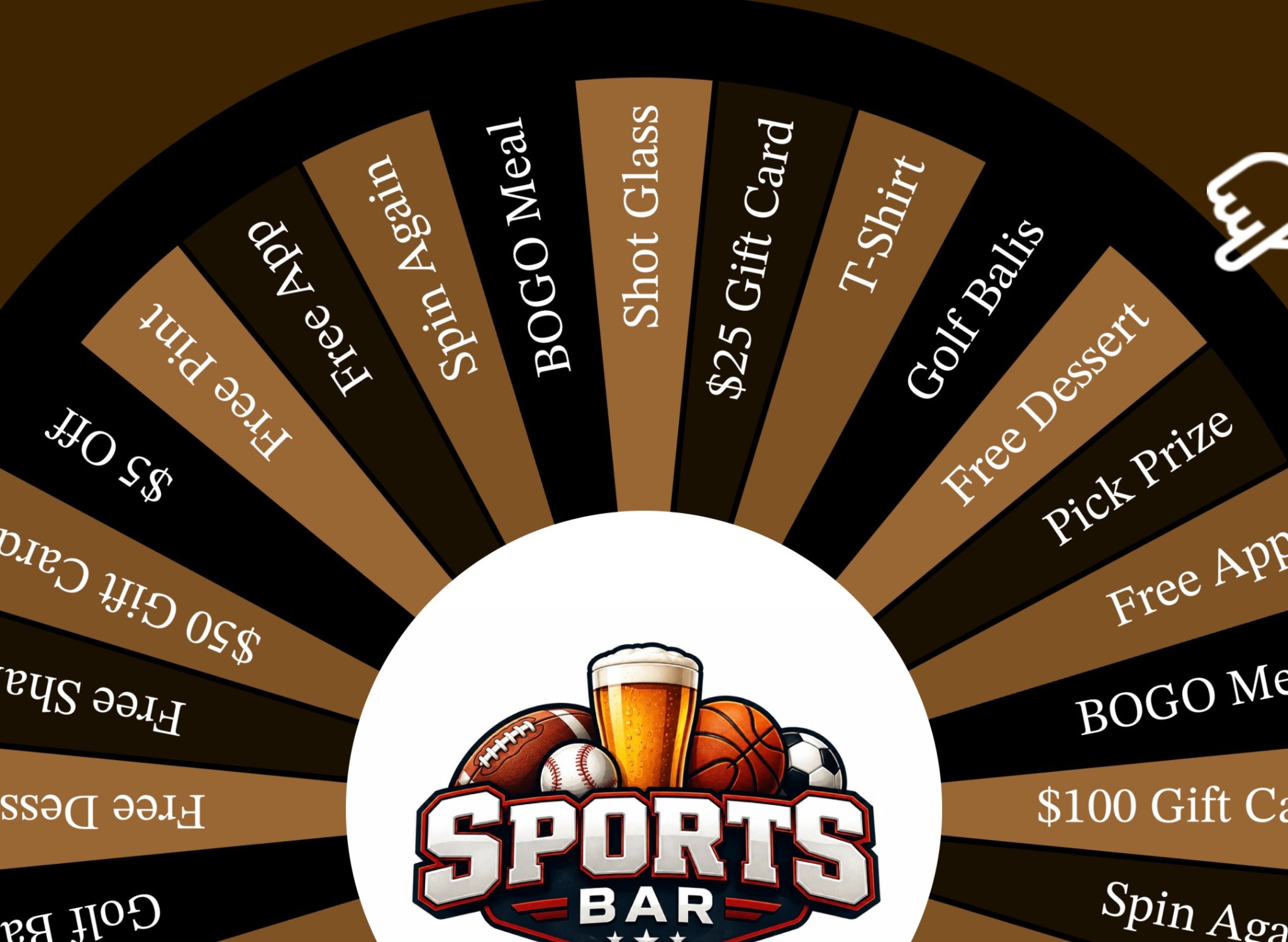 Sports-bar-themed iPrizeWheel with gold and black panels for gift cards, desserts, appetizers and merchandise.