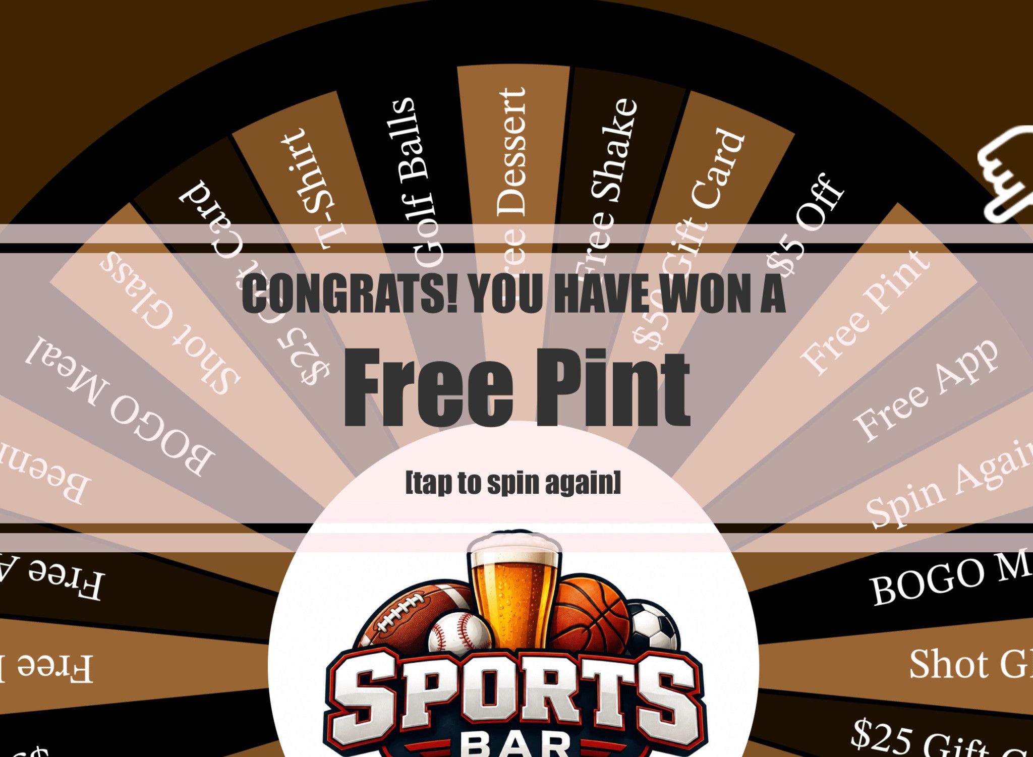 Sports-bar iPrizeWheel result screen reading Congrats! You have won a Free Pint, over the prize wheel.